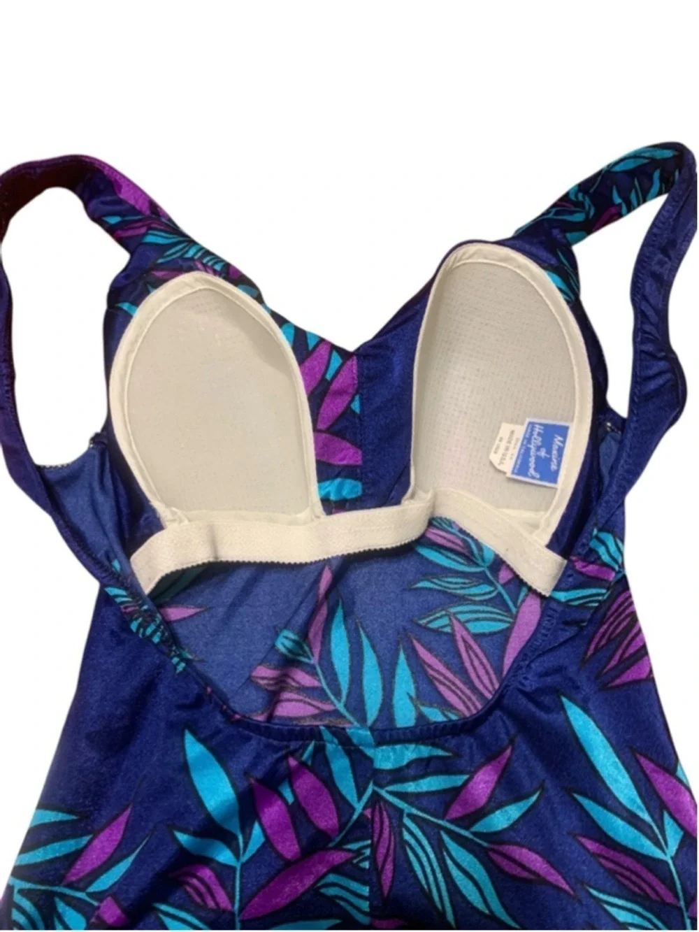 Vntg 70’s Maxine of Hollywood Blue Purple Leaf One Piece Swimsuit Size 12